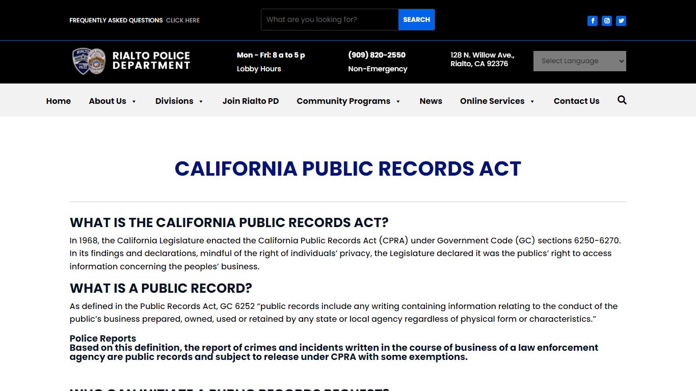 California Public Records act - Rialto Police Department